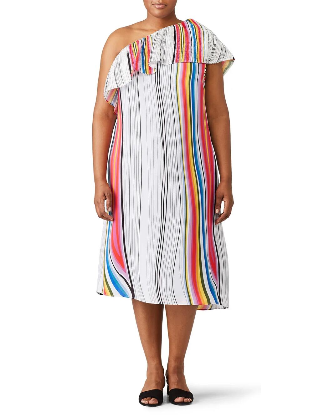 Rachel Roy Rainbow Stripe Dress Womens 1X Plus One Shoulder Ruffle Midi Crepe